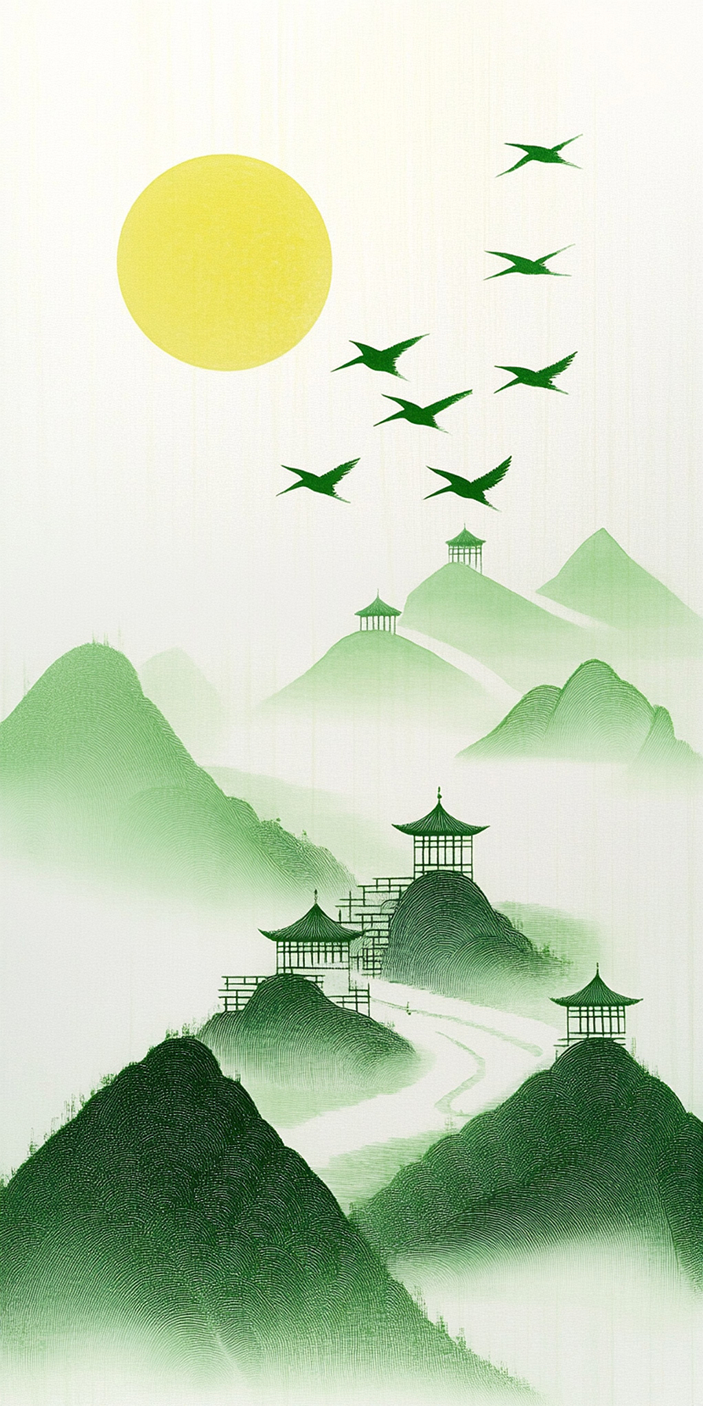 清明节墨韵山水青绿色泽间的山水逸境AI