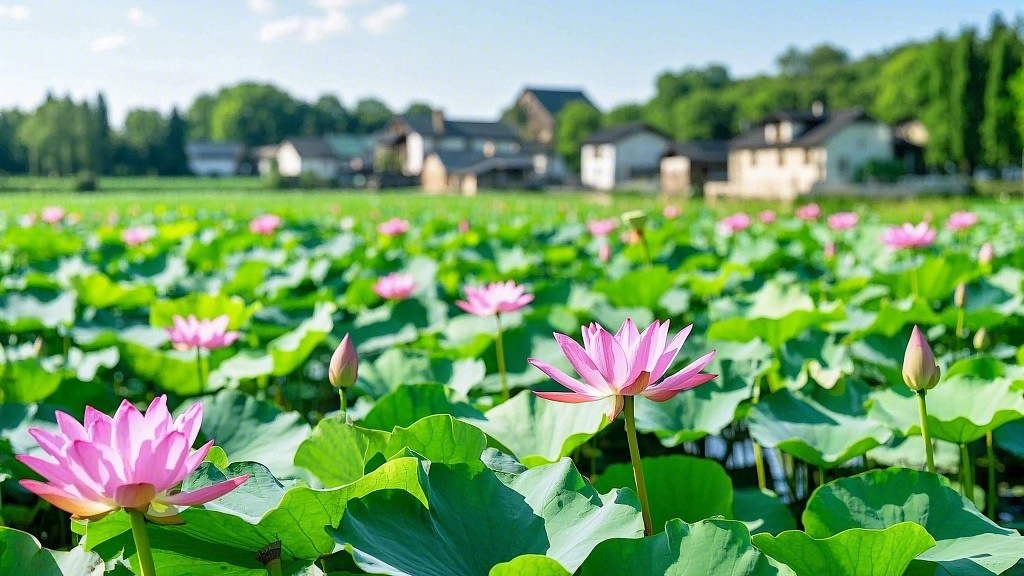 荷花荷叶夏荷广阔荷花池中粉色荷花绽放背后是房屋绿树的自然画面AI