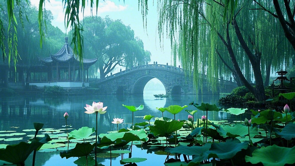 荷花荷叶夏荷古桥垂柳相伴池塘中荷花绽放的古典优美风光AI