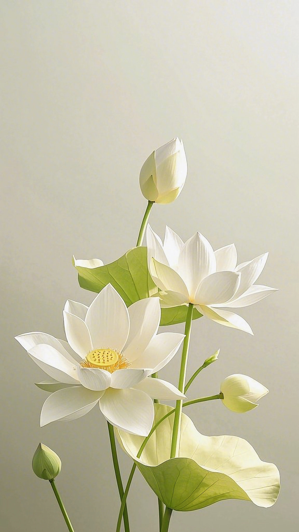 荷花荷叶夏荷白色背景下清新自然的白色荷花与绿色荷叶组合画面AI