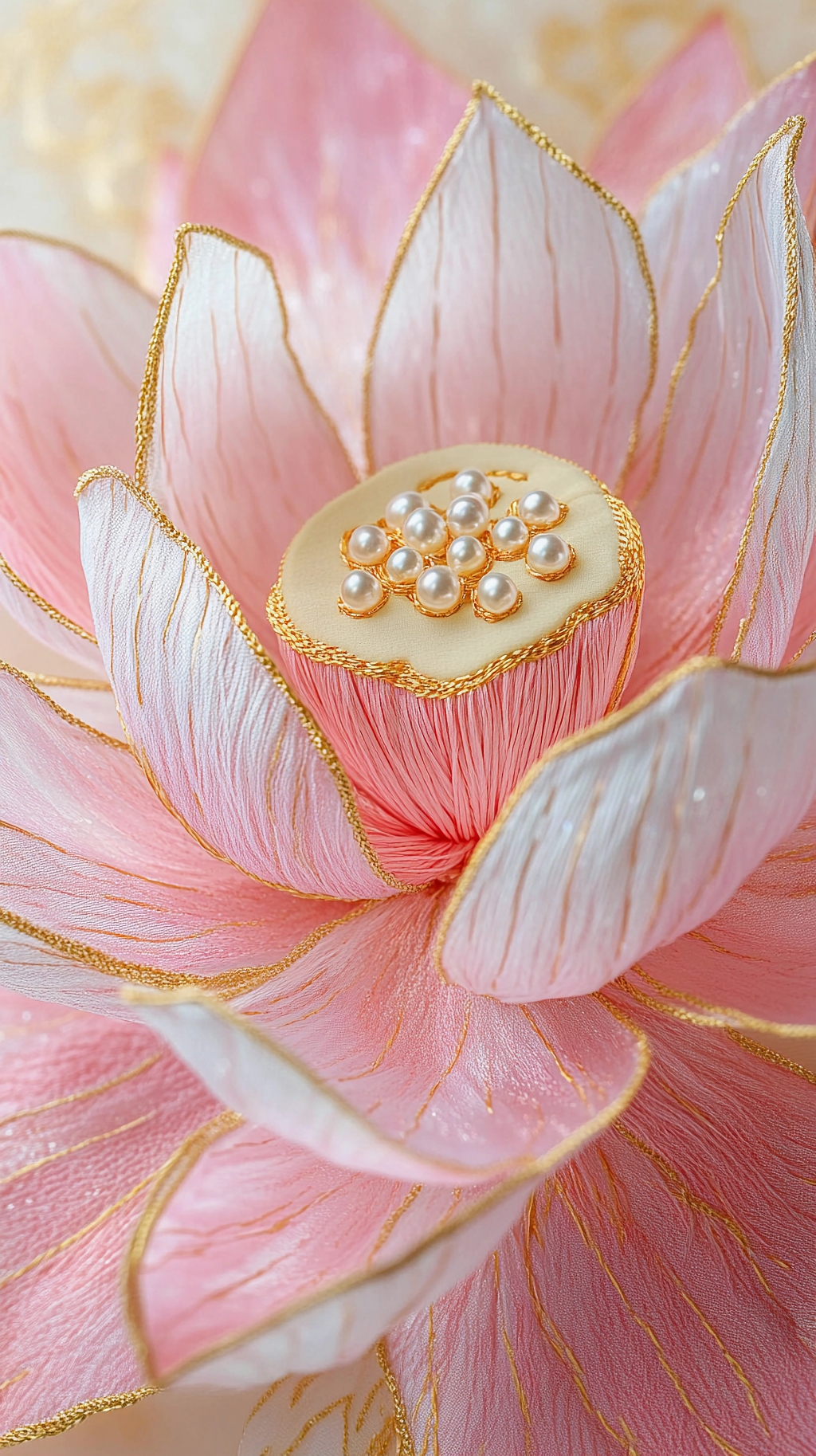 荷花荷叶夏荷带有金色镶边和珍珠装饰的粉色荷花近距离特写画面AI