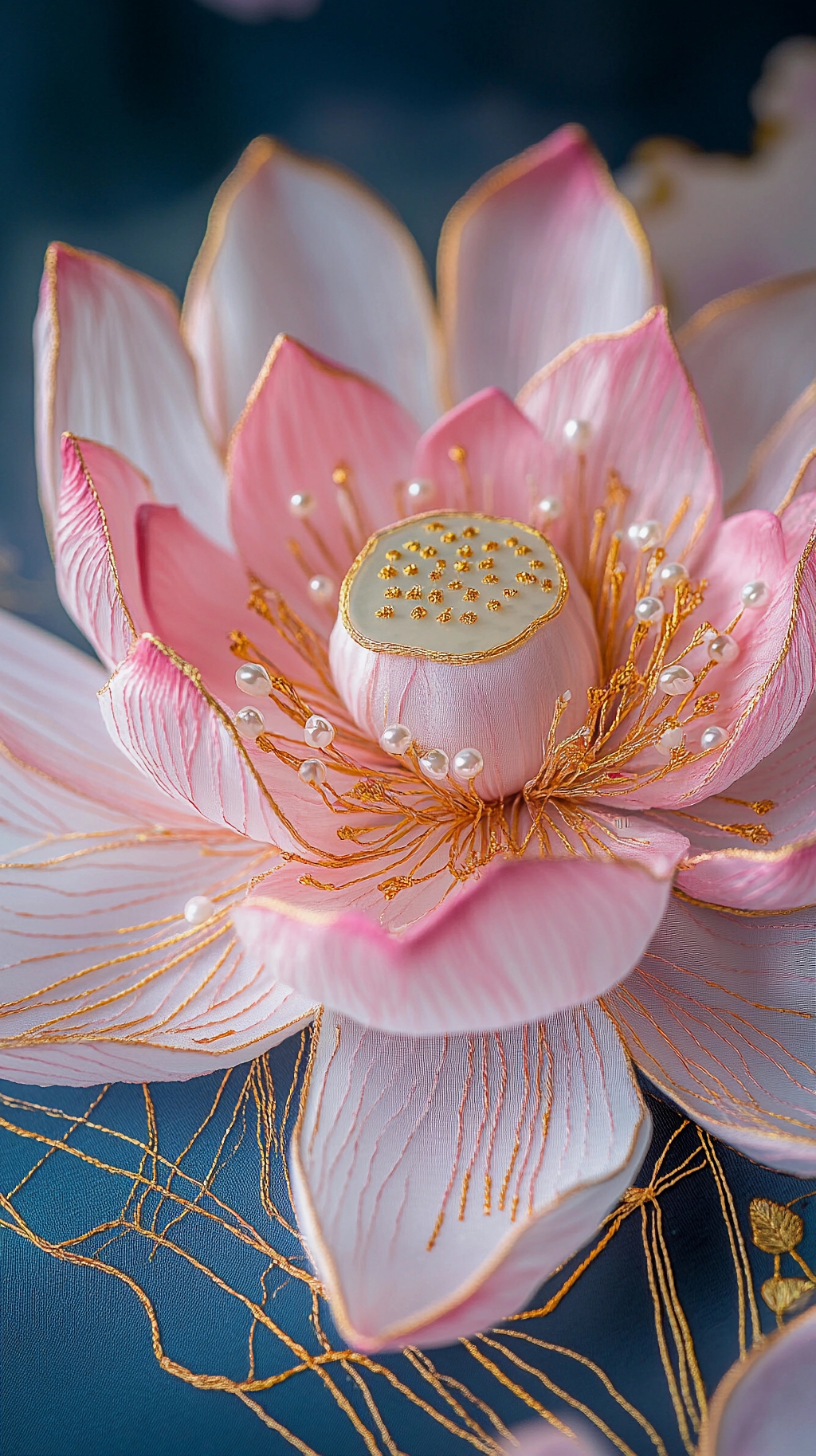 荷花荷叶夏荷带有金色镶边和珍珠装饰的粉色荷花近距离特写画面AI