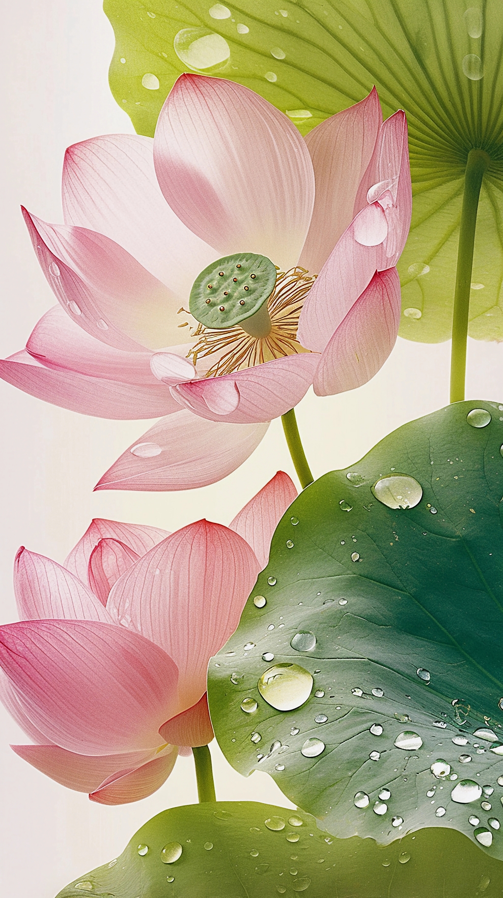 荷花荷叶夏荷白色背景下带水珠的粉色荷花和绿色荷叶组合画面AI