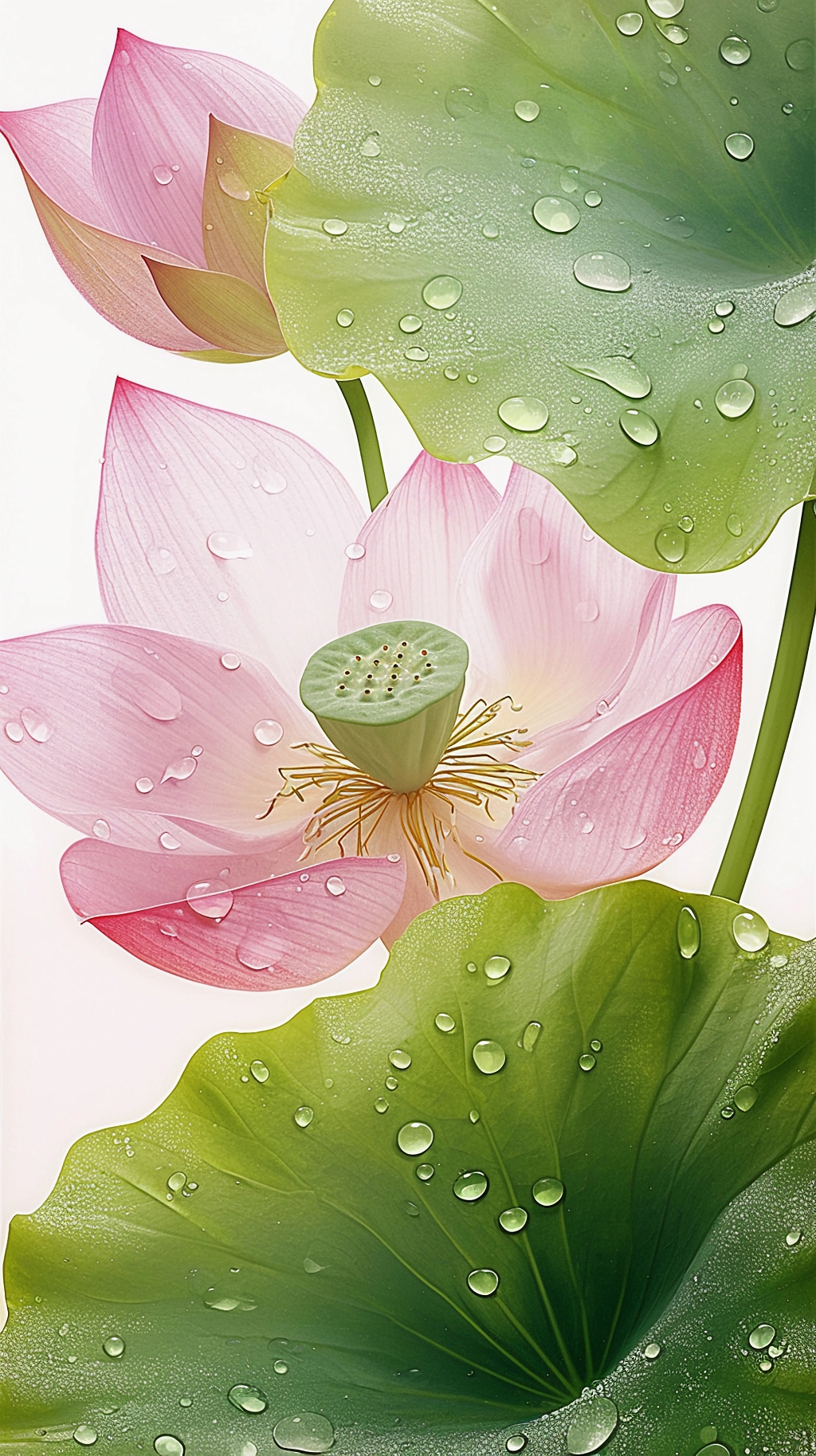 荷花荷叶夏荷浅色背景下带水珠的粉色荷花与绿色荷叶AI