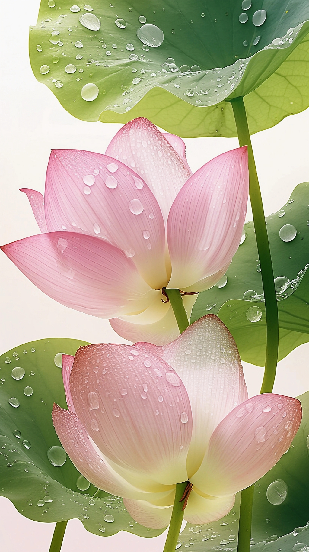 荷花荷叶夏荷白色背景下粉色荷花和荷叶上布满水珠的清新画面AI