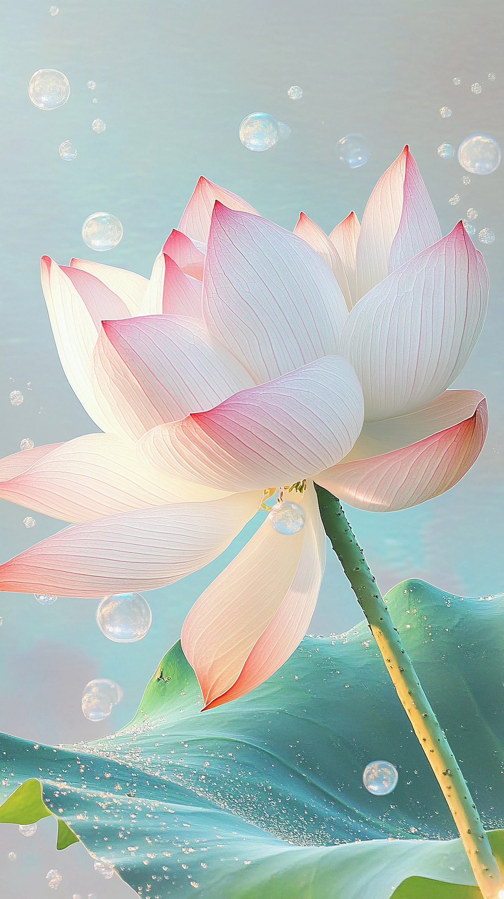 荷花荷叶夏荷淡蓝色梦幻背景中带水珠的透明质感荷花艺术画面AI