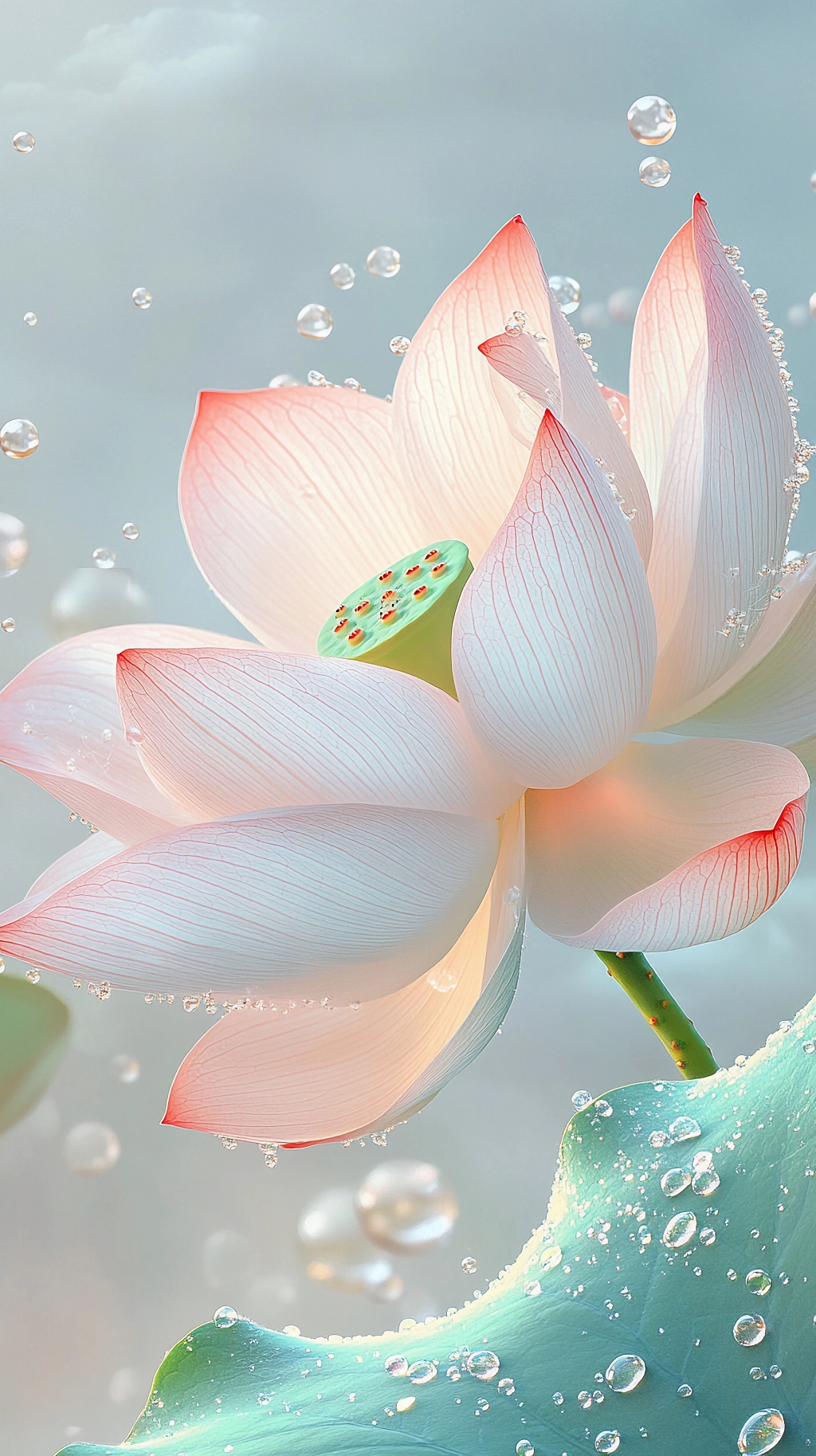 荷花荷叶夏荷浅蓝色背景下带气泡的粉色荷花和绿色荷叶的梦幻画面AI