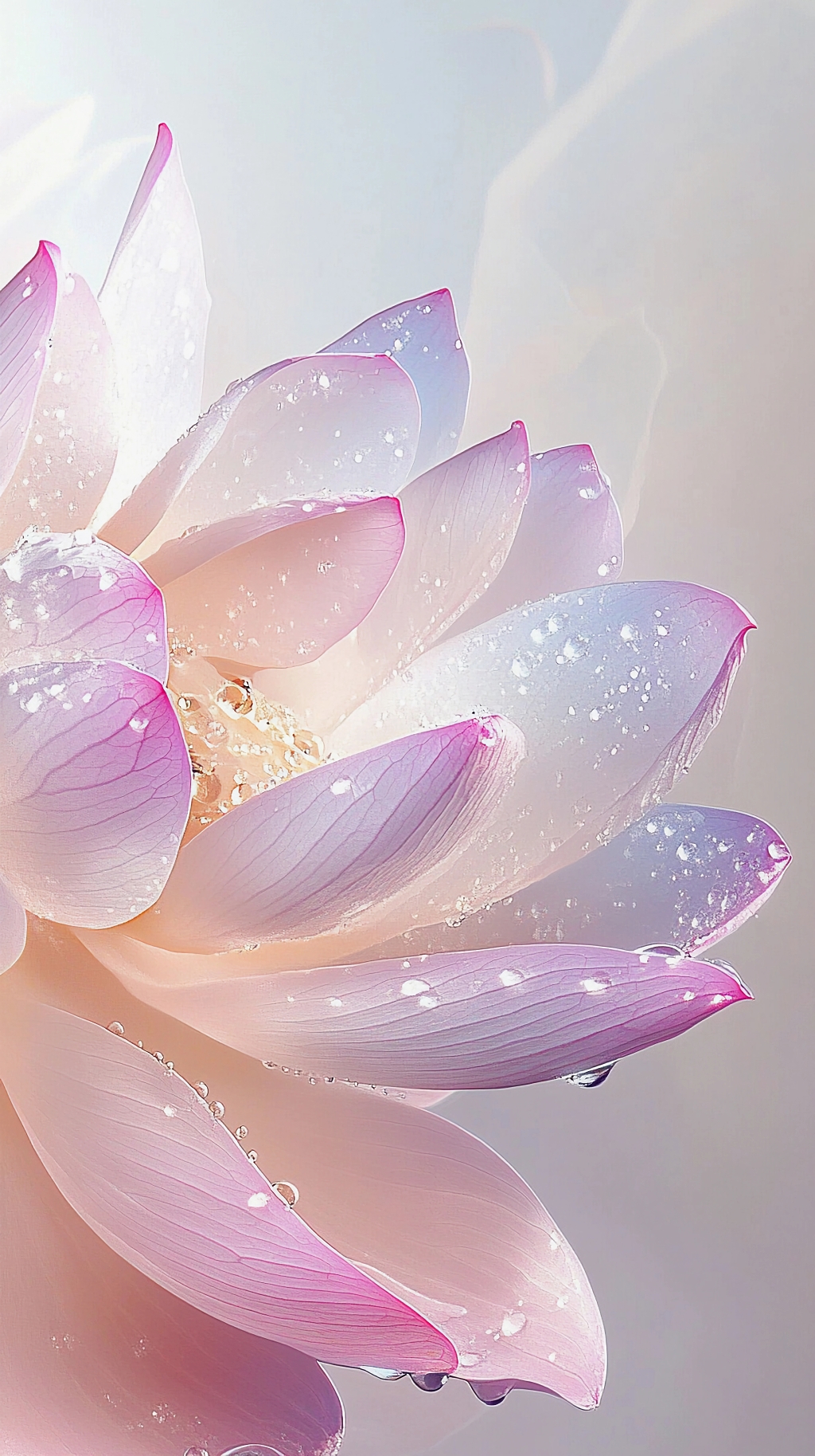 荷花荷叶夏荷淡粉色烟雾背景中带水珠的粉紫色荷花朦胧艺术画面AI