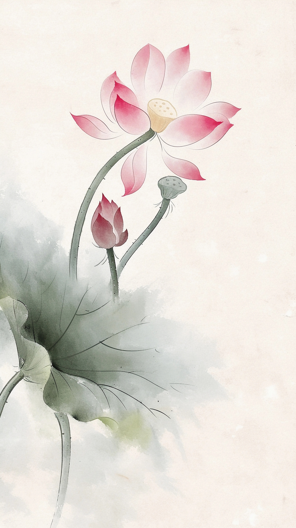 荷花荷叶夏荷淡彩风格画中粉色荷花与花苞和淡绿荷叶的柔和画面AI