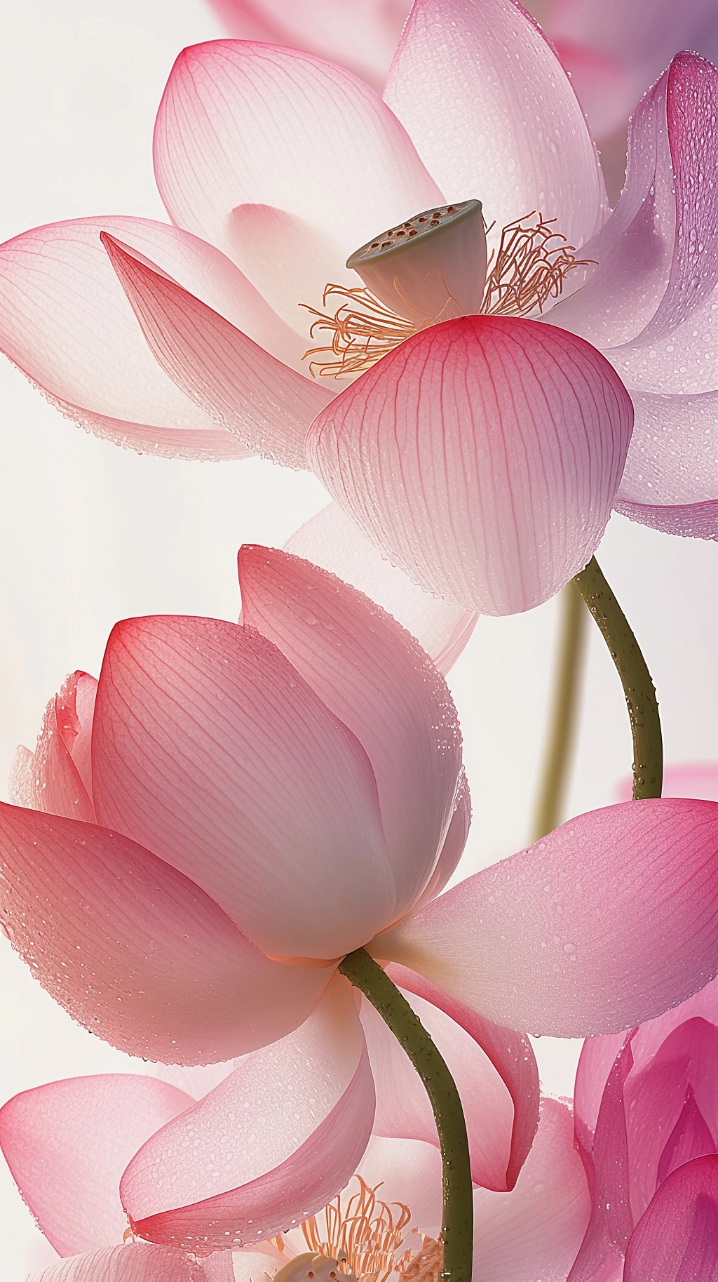 荷花荷叶夏荷高清拍摄带水珠的粉嫩荷花花瓣细节特写画面AI