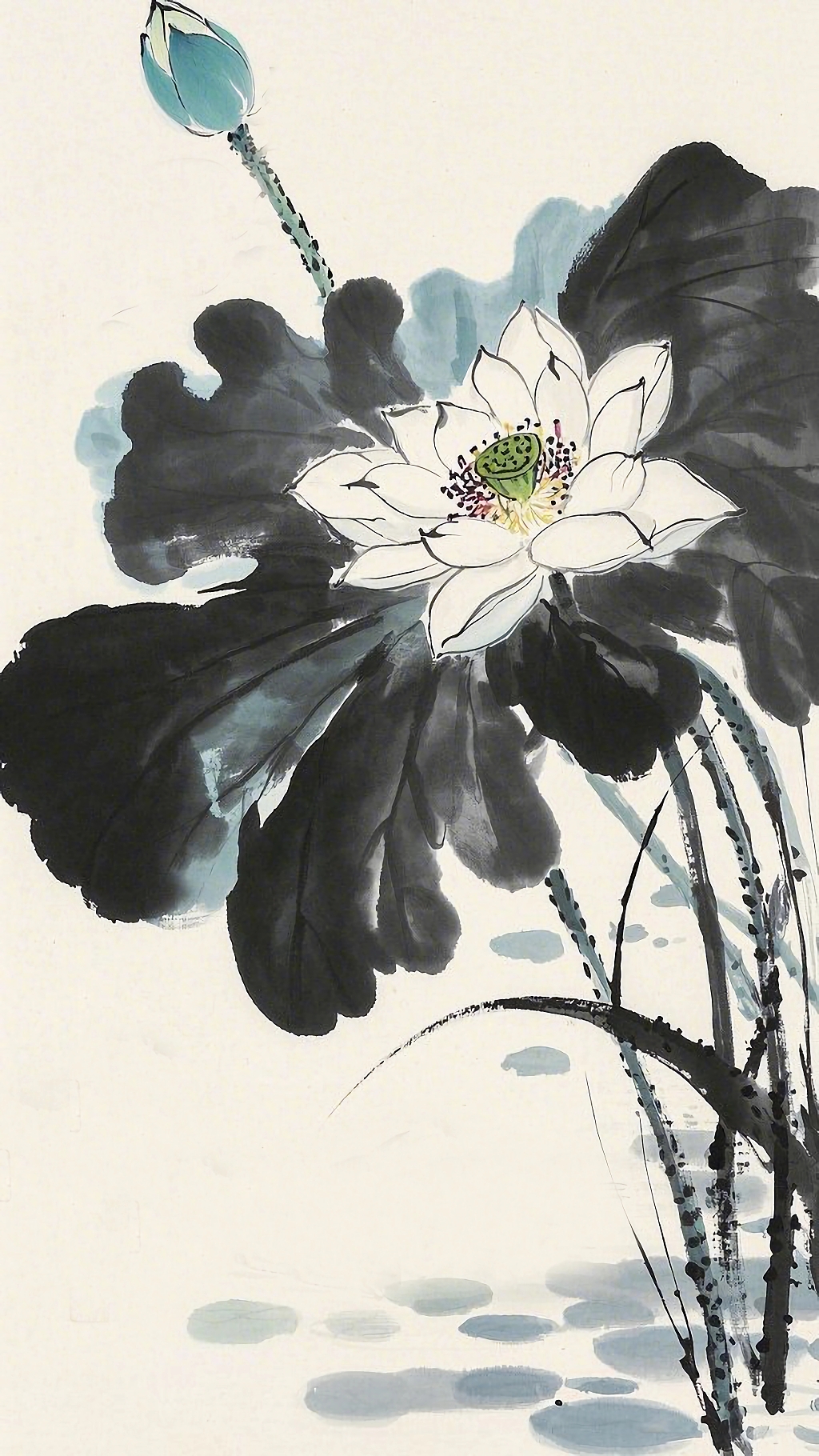 荷花荷叶夏荷水墨写意风格呈现的白色荷花与墨色荷叶画面AI