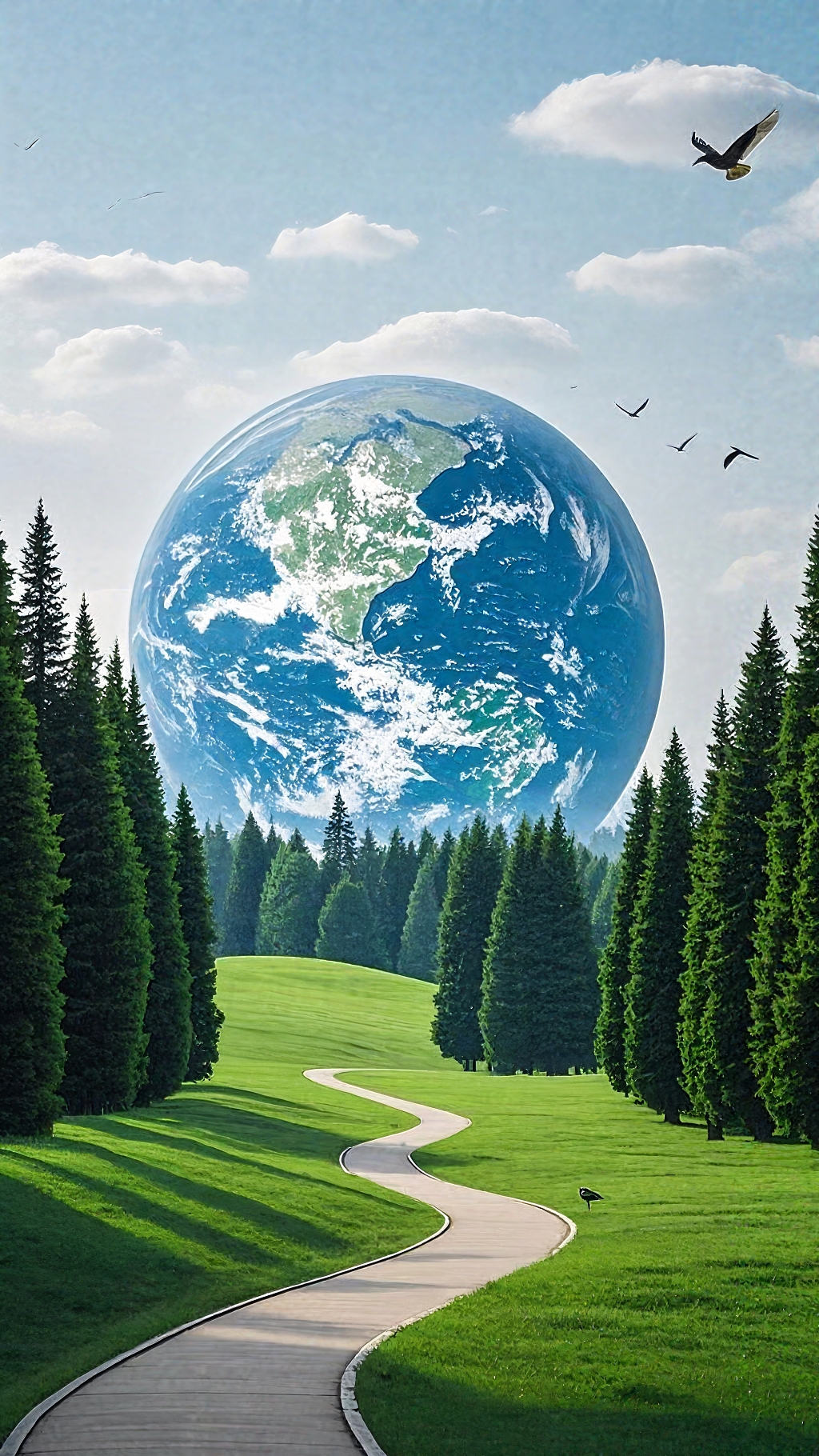 森林草地间巨型地球与飞翔鸟类构成的和谐画面	AI