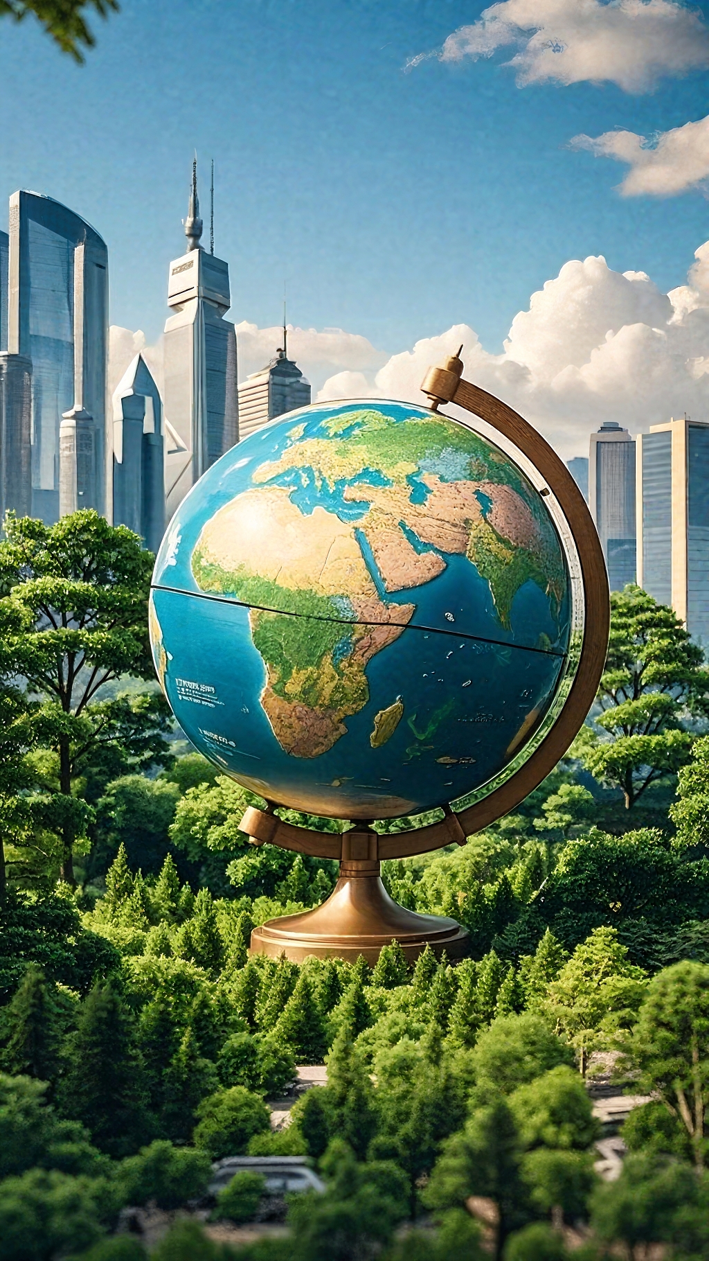 城市与森林背景下的大型地球仪艺术画面AI