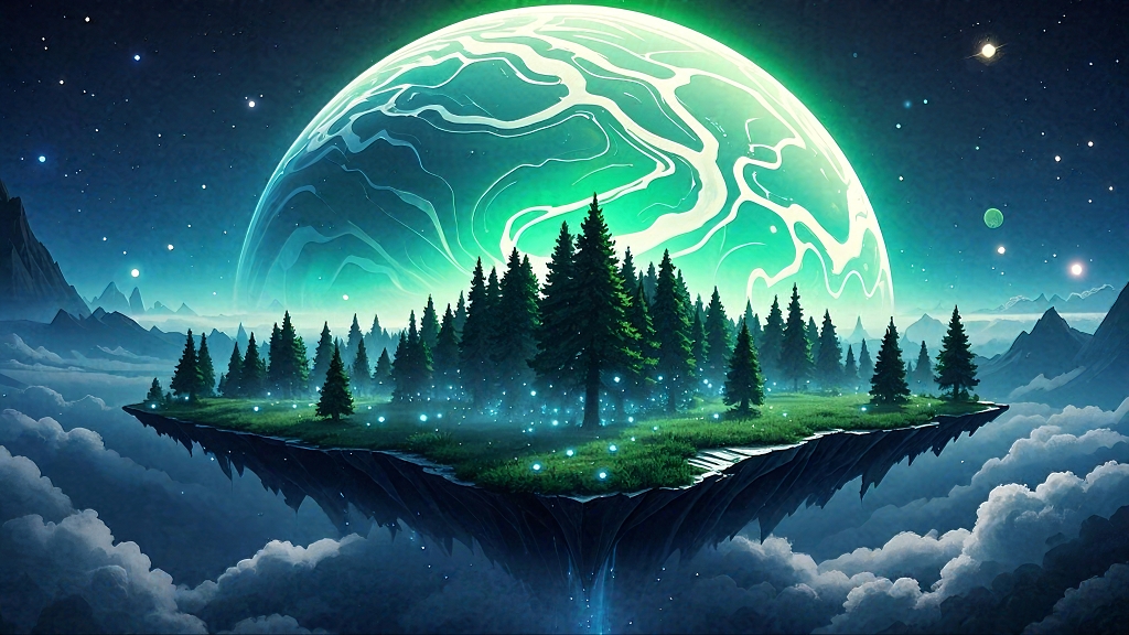 悬浮岛屿、森林与发光地球的梦幻宇宙场景AI