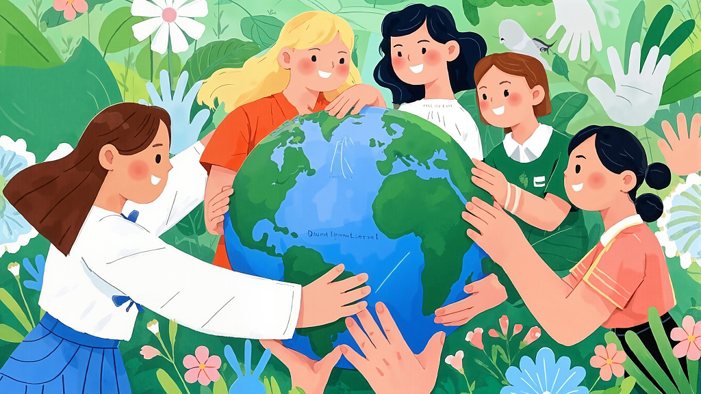 多国女孩共同温柔守护地球的美好插画AI