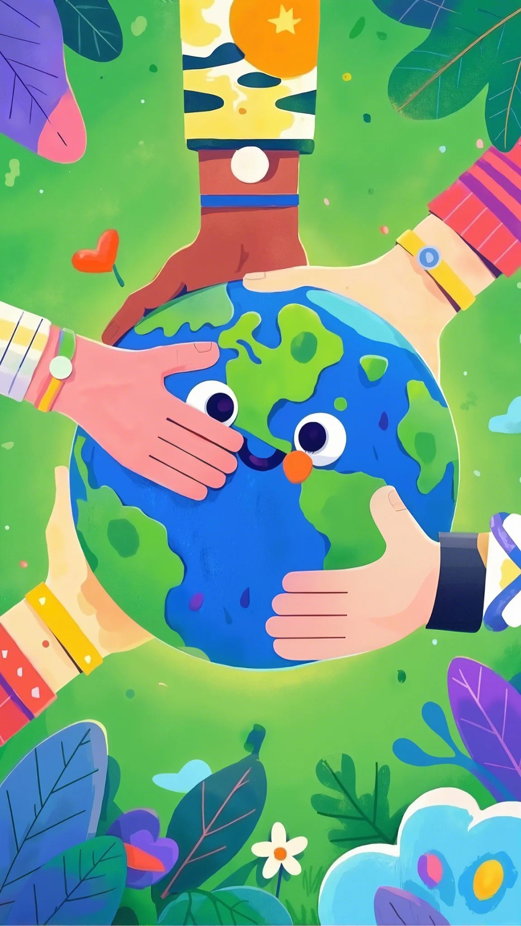 不同肤色的手共同呵护拟人化地球的可爱插画AI