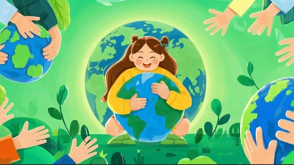 女孩开心环抱地球被众多双手环绕的环保概念插画AI