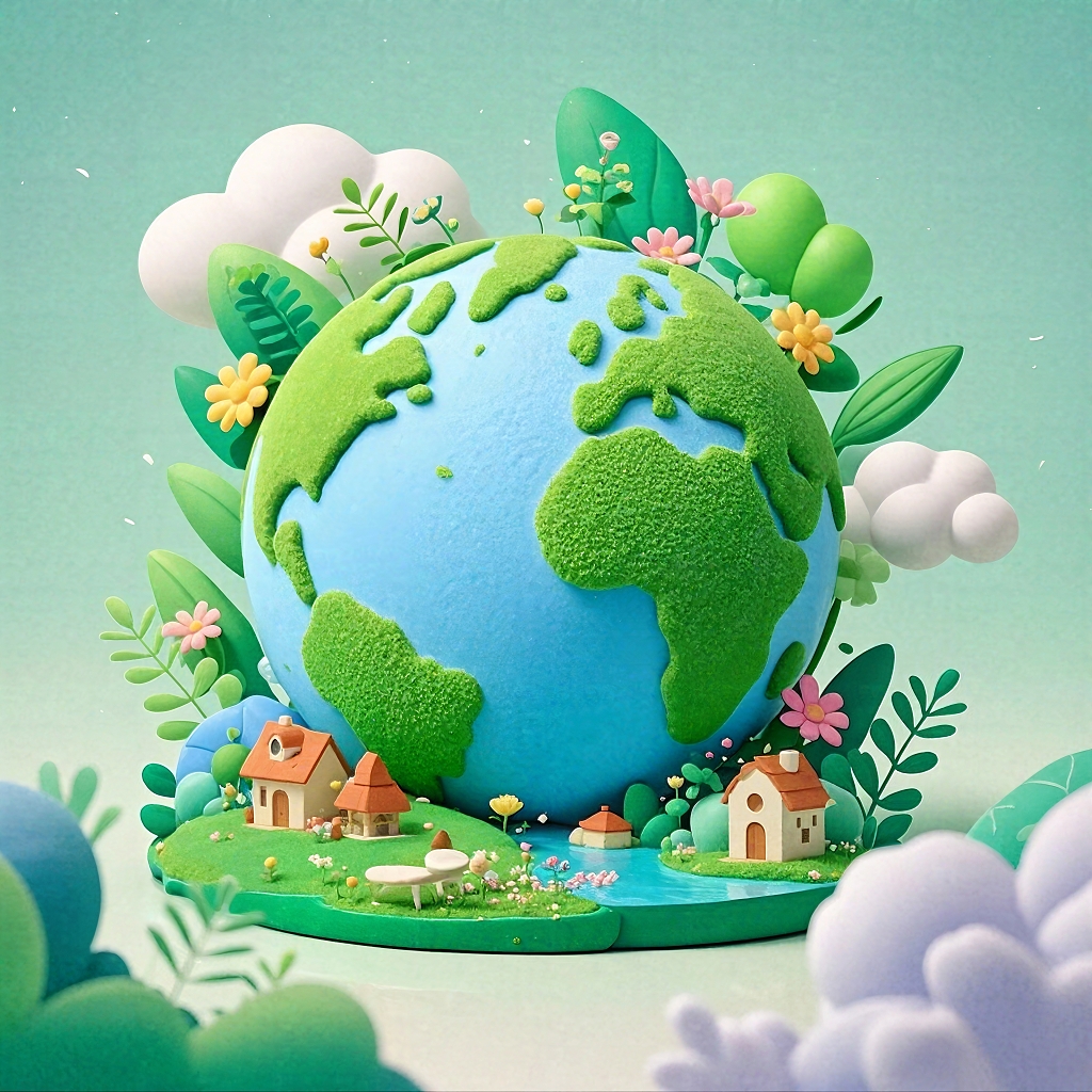 温馨3D效果的地球周边环绕房屋花草的场景AI