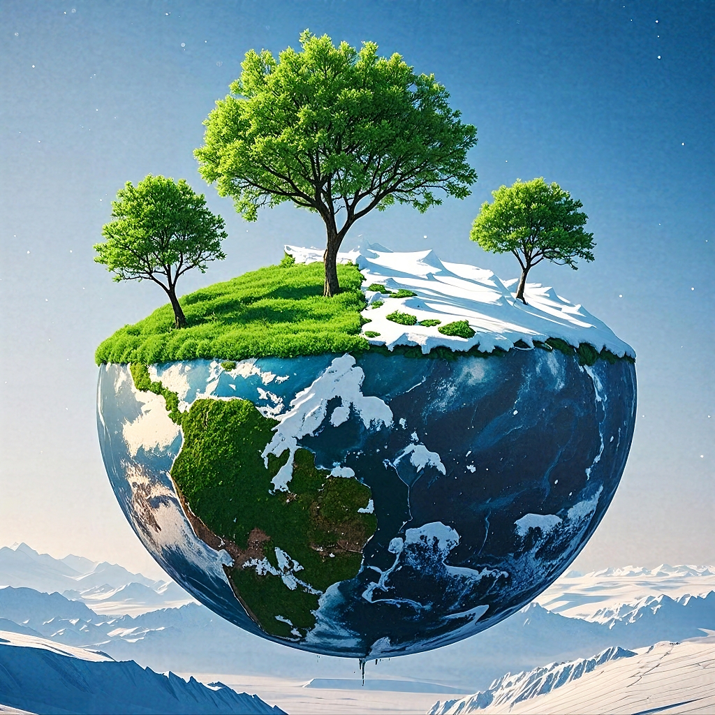 悬浮地球结合冰雪与绿植区域的梦幻自然画面AI