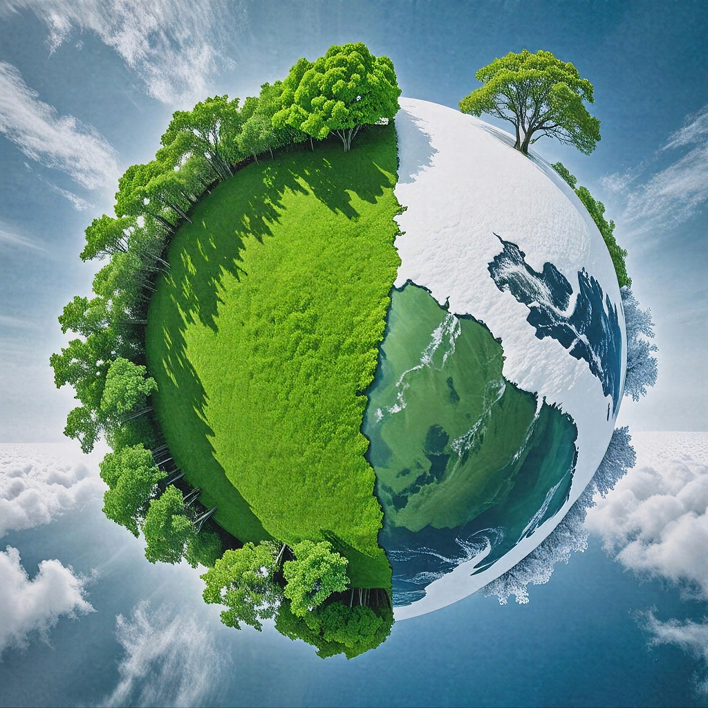 对比呈现森林覆盖与冰雪区域的奇幻地球景观AI