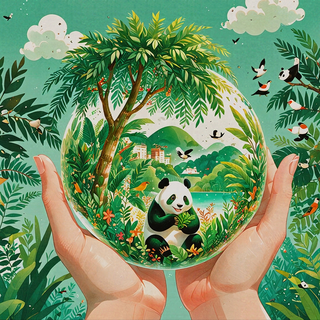 双手捧起的插画风生态球内熊猫与动植物的共生场景AI