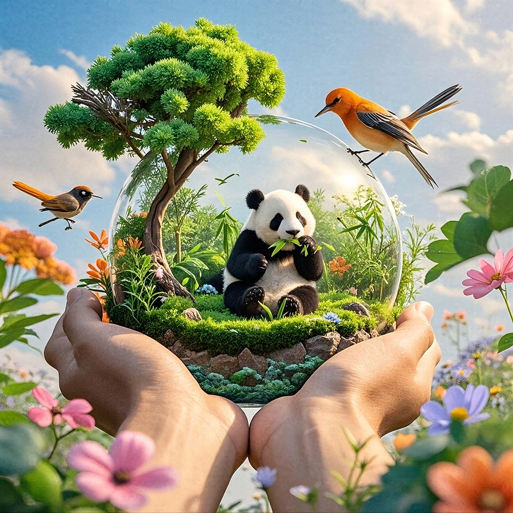双手托举的透明球内熊猫、小鸟与绿植构成的微观自然世界AI