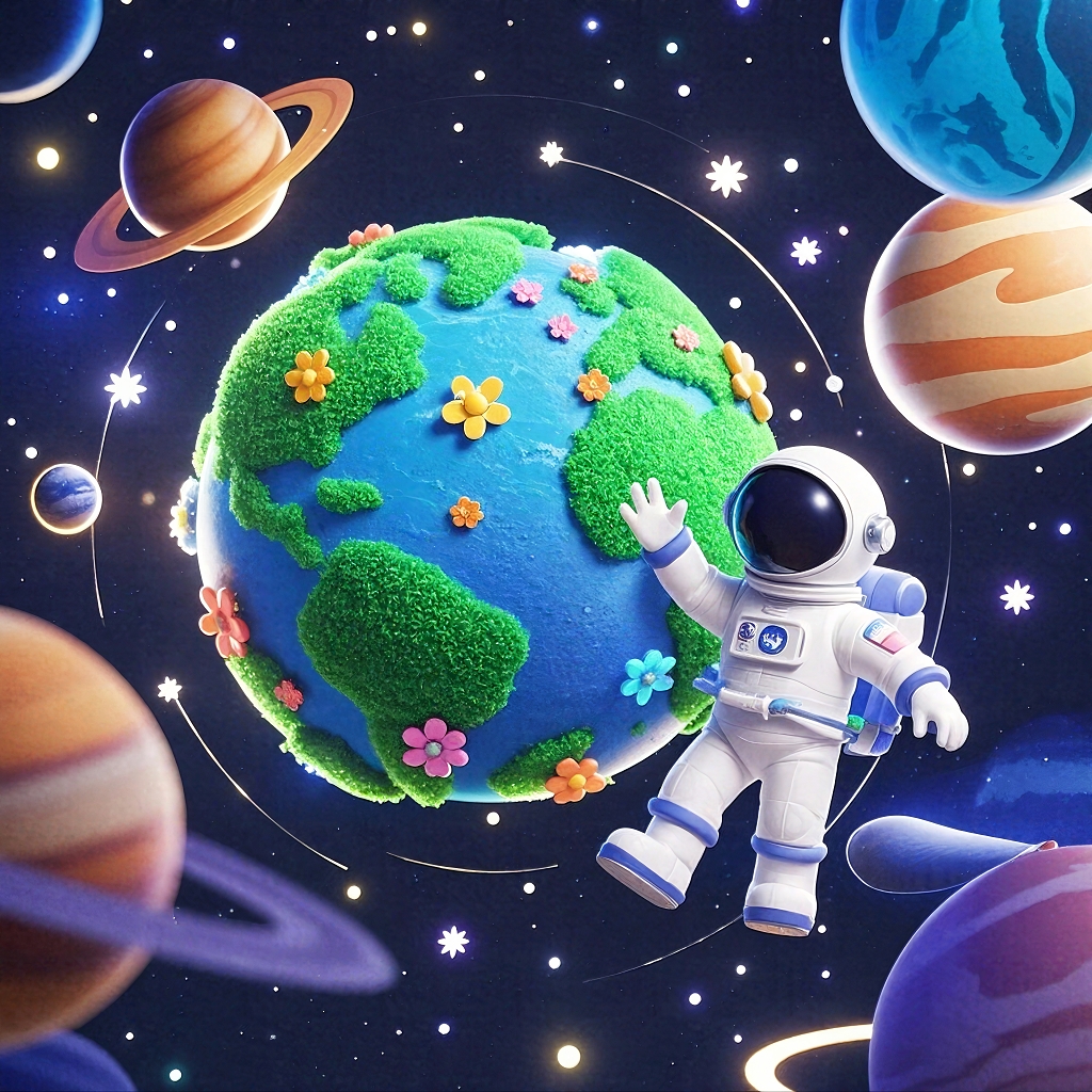 宇宙中宇航员向点缀花朵的地球挥手的科幻画面AI