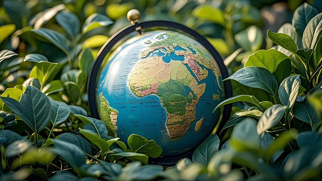 绿叶丛中蓝色彩绘大陆的地球仪特写画面AI