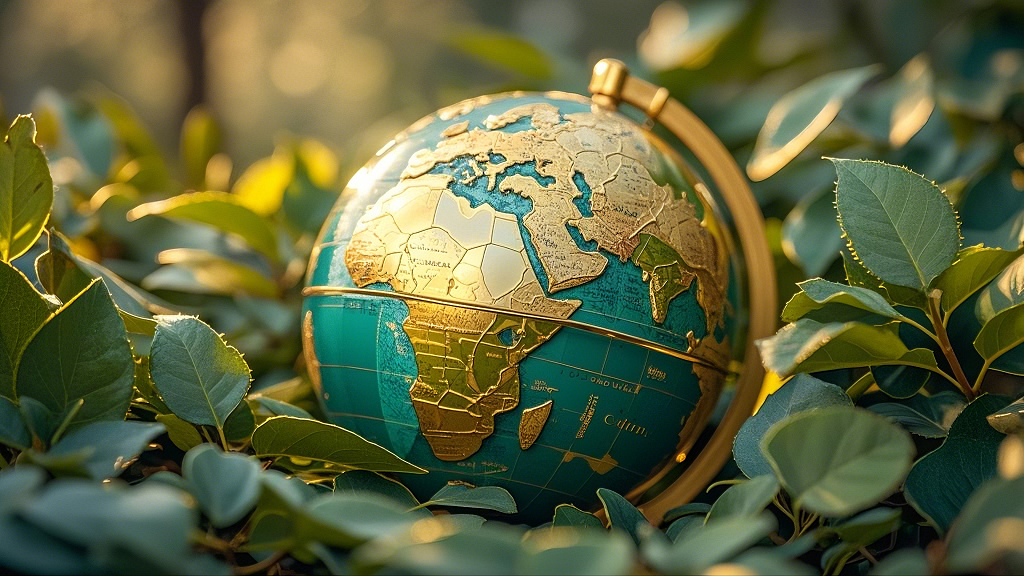 绿植环绕带有金色大陆标识的精美地球仪场景AI
