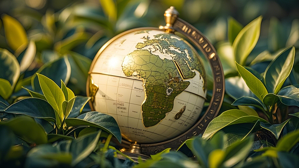 翠绿植物中展示非洲大陆细节的复古地球仪图AI