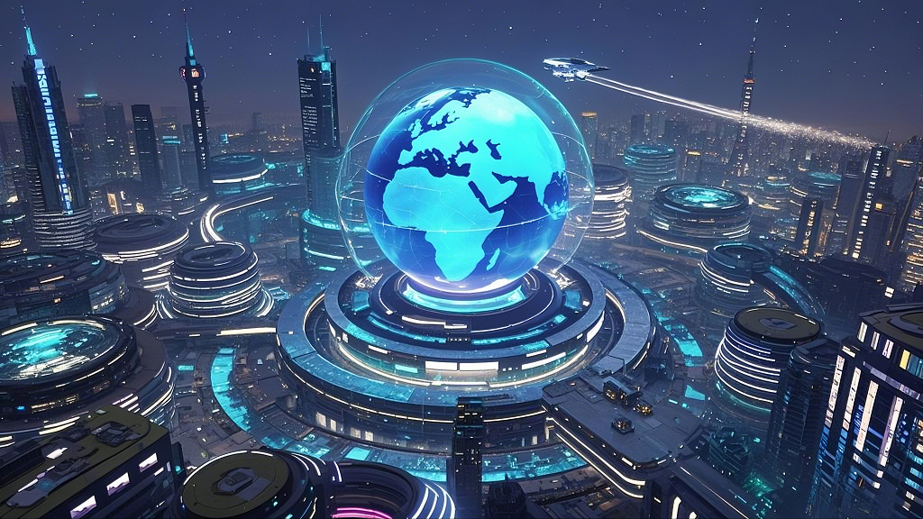 科幻风格城市上空悬浮的透明罩地球模型画面AI