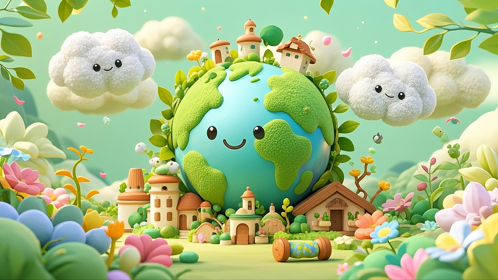 清新3D效果地球被绿植花朵和小屋环绕的可爱画面AI
