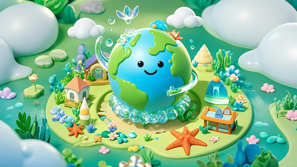 萌趣3D卡通地球与花草房屋相伴的欢乐画面AI