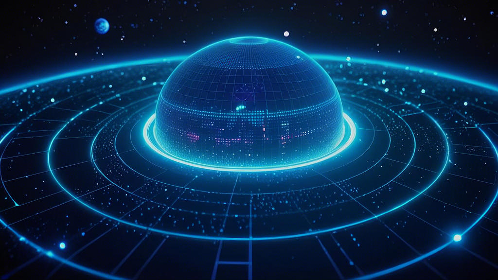科幻感十足的蓝色发光球体及环绕光带的宇宙画面AI