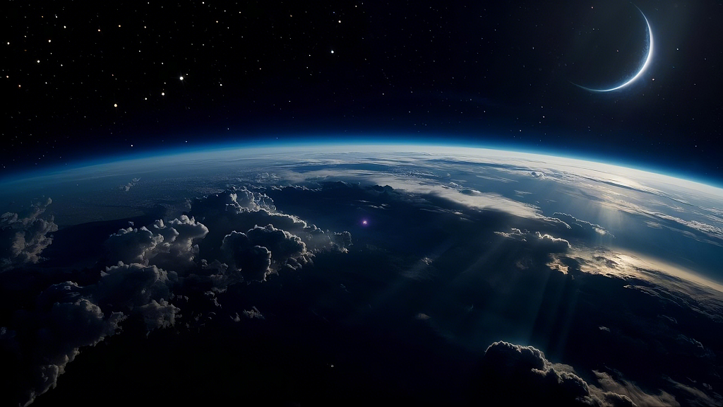宇宙中地球、云层与月牙同框的壮丽自然景象AI