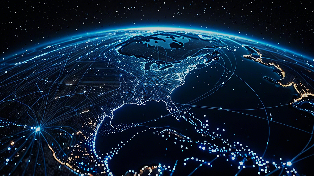 从宇宙俯瞰北美洲地区及复杂网络连线的地球画面AI