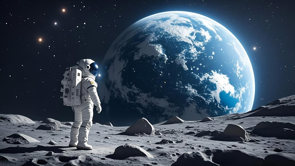 宇航员在月球表面遥望地球的太空场景AI