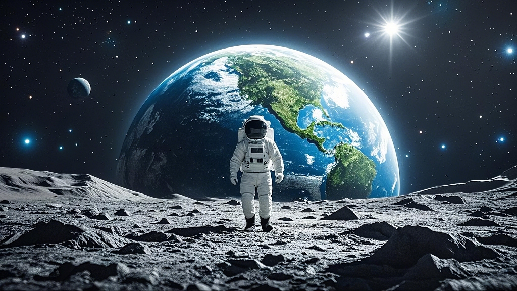 宇航员于月球上望向带有绿色大陆的地球画面AI