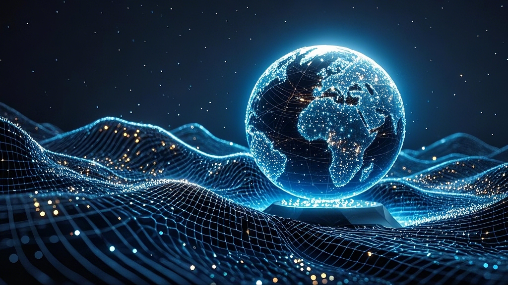 带有网络线条效果的蓝色科技地球画面AI