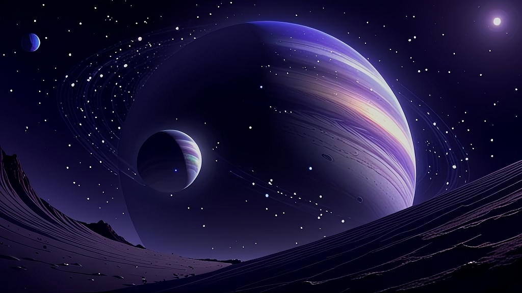 宇宙中带有光环的紫色星球及卫星的科幻场景AI