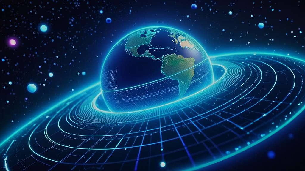 被蓝色光环和数据线条环绕的地球科技图AI