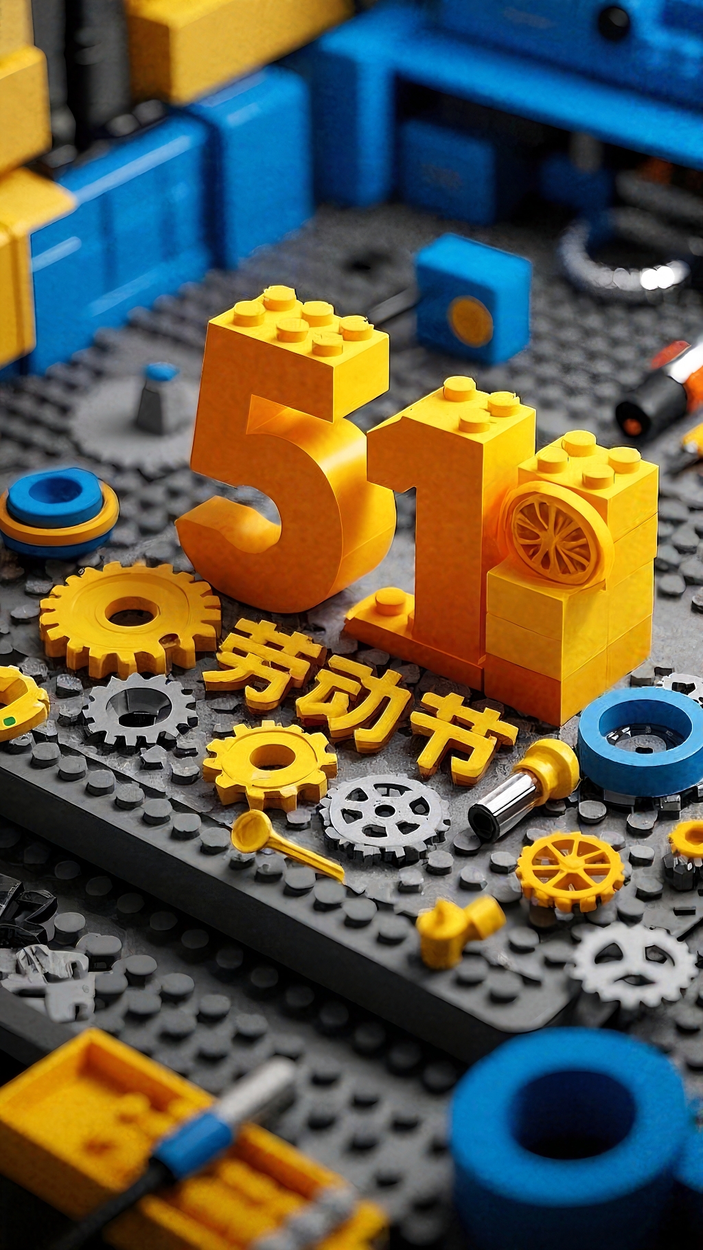 乐高积木和齿轮构成的五一劳动节主题图AI