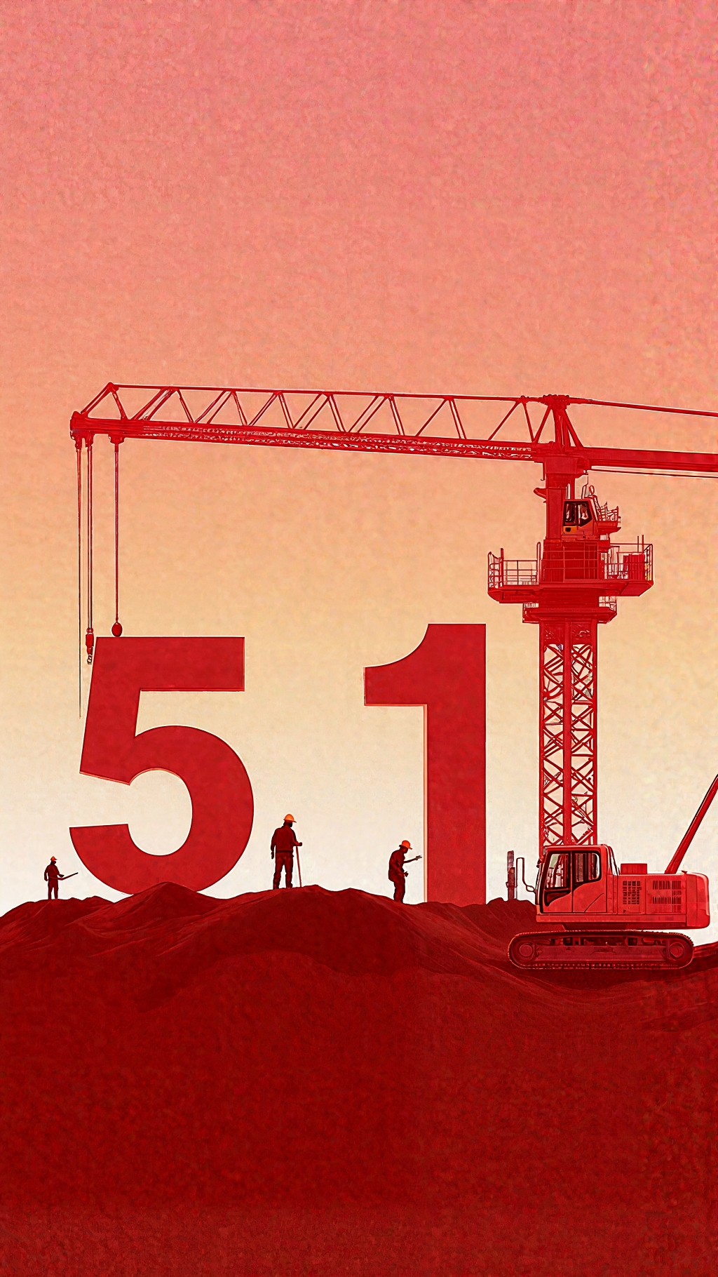 红色调下建筑工人与51数字及工程器械的场景AI