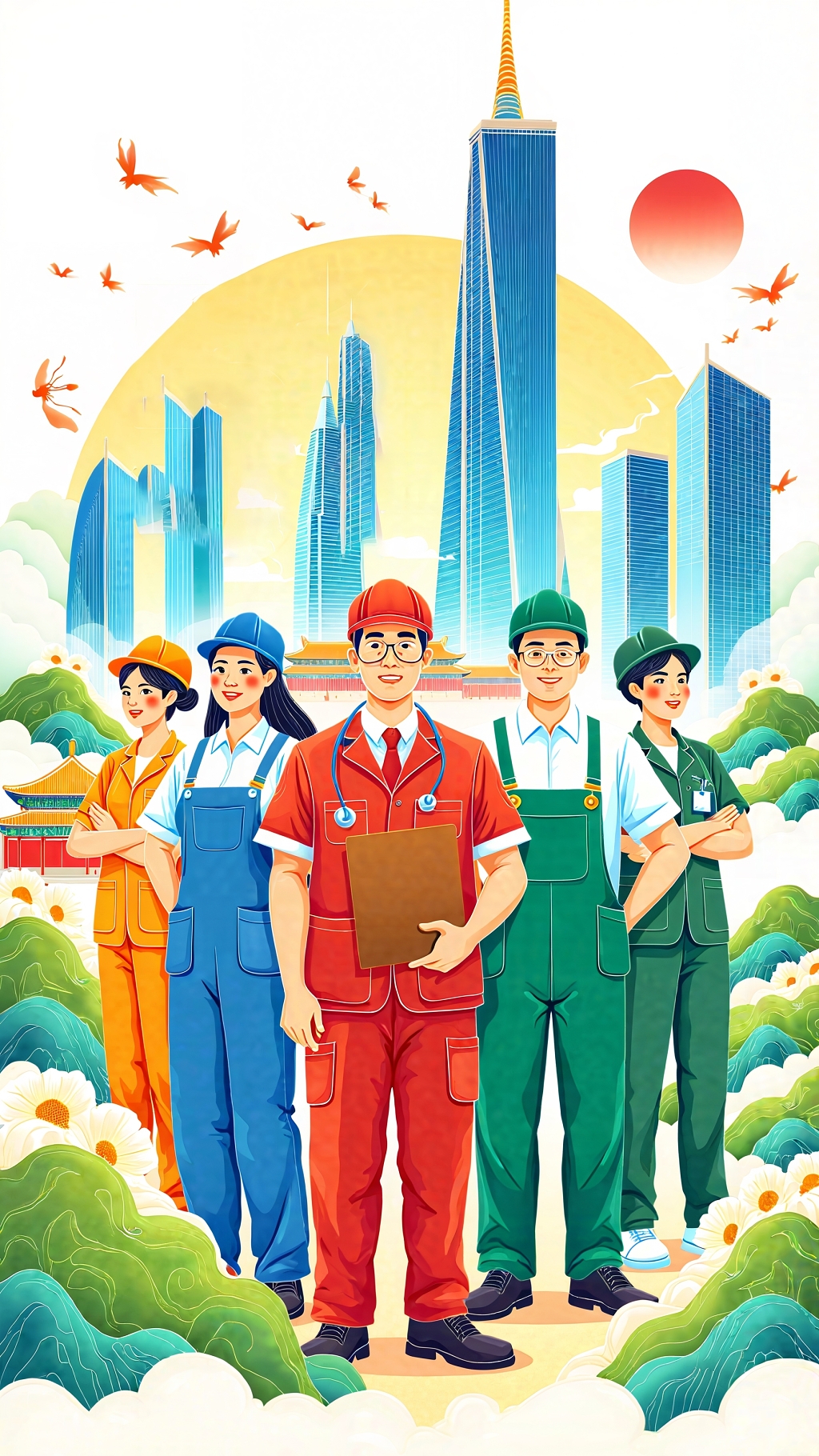 多种职业人物在城市与自然背景前的插画画面AI