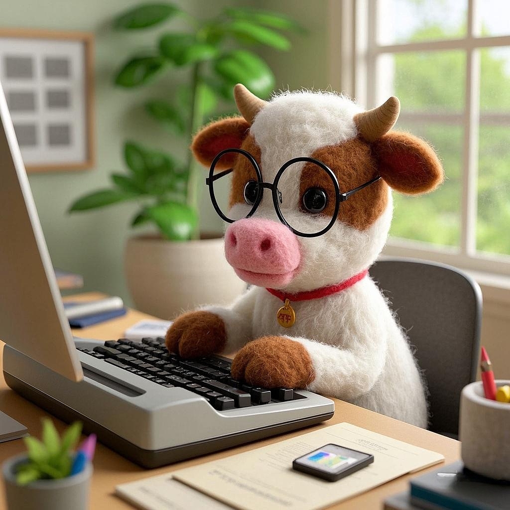 打工办公侧面拍摄一位可爱牛坐在电脑椅上边打字边看电脑AI