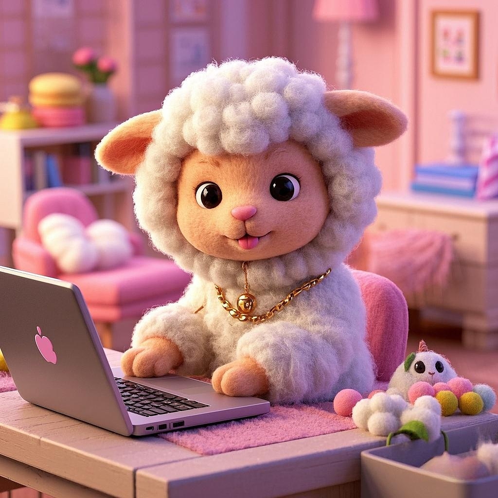 打工办公拍摄一位可爱小羊开心地坐在电脑桌前做事AI