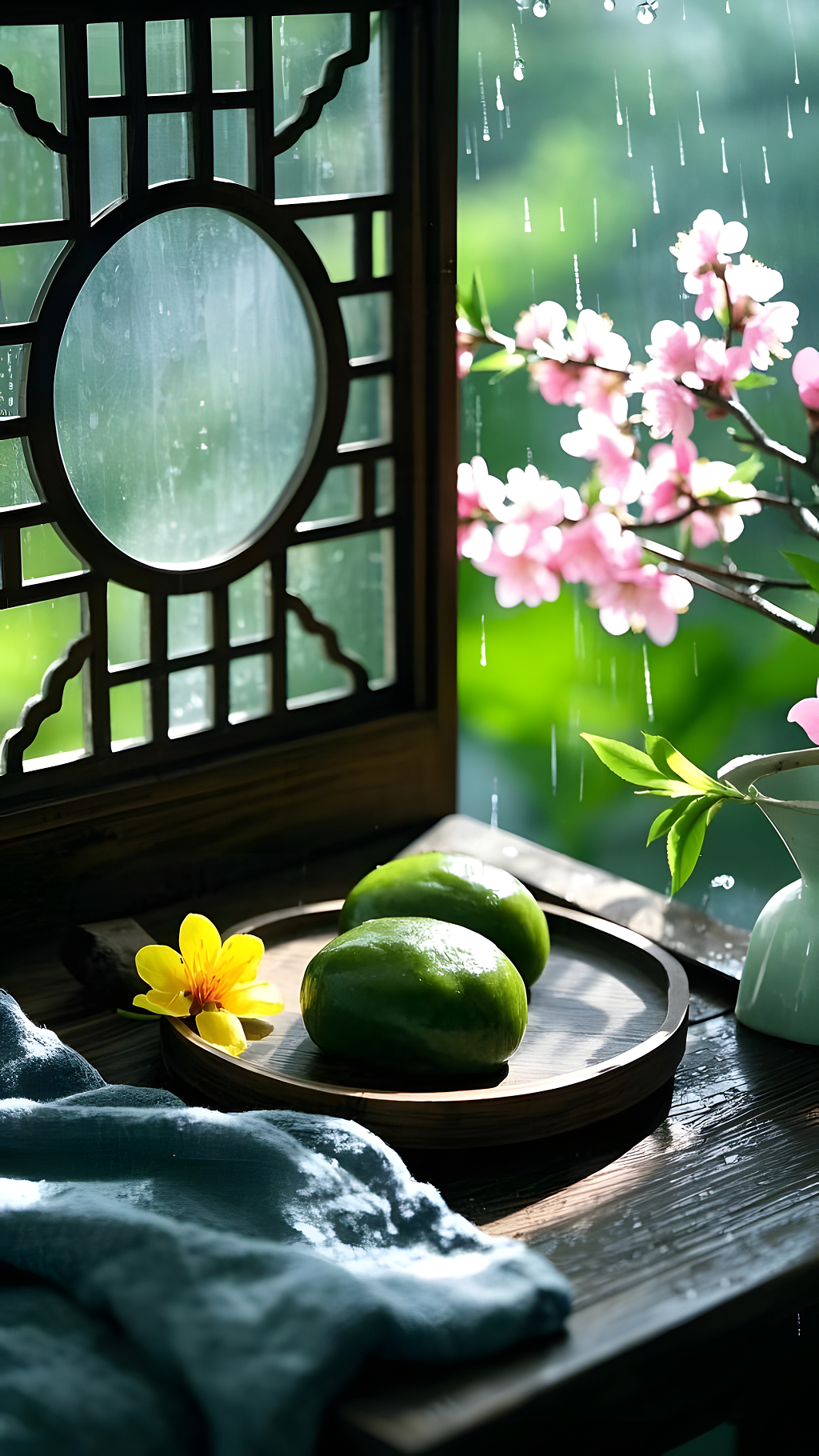 清明节窗边青团桃花搭配木盘中式窗格意境节气美食AI