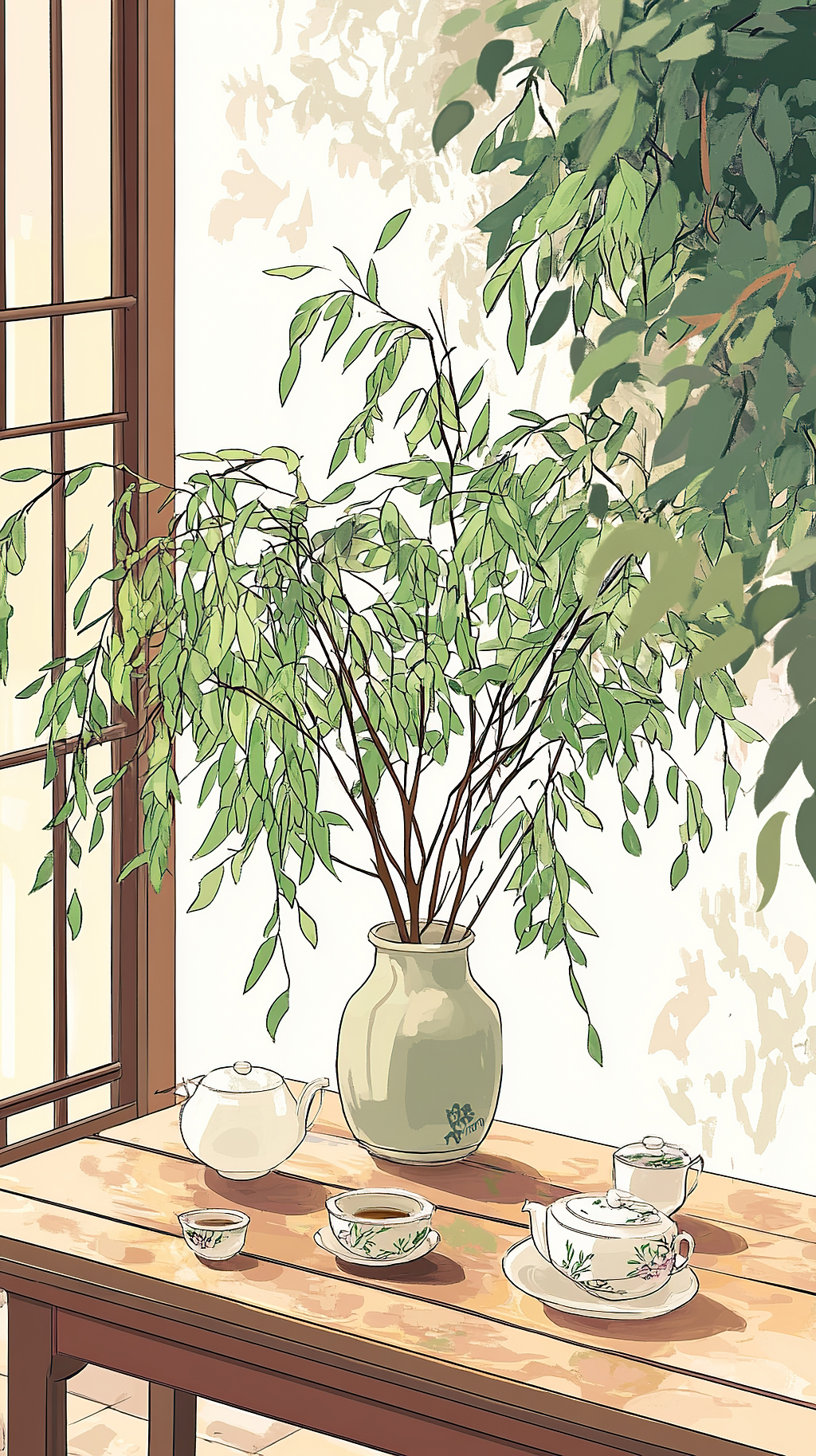 清明节窗边木桌上的柳枝花瓶与茶具插画AI