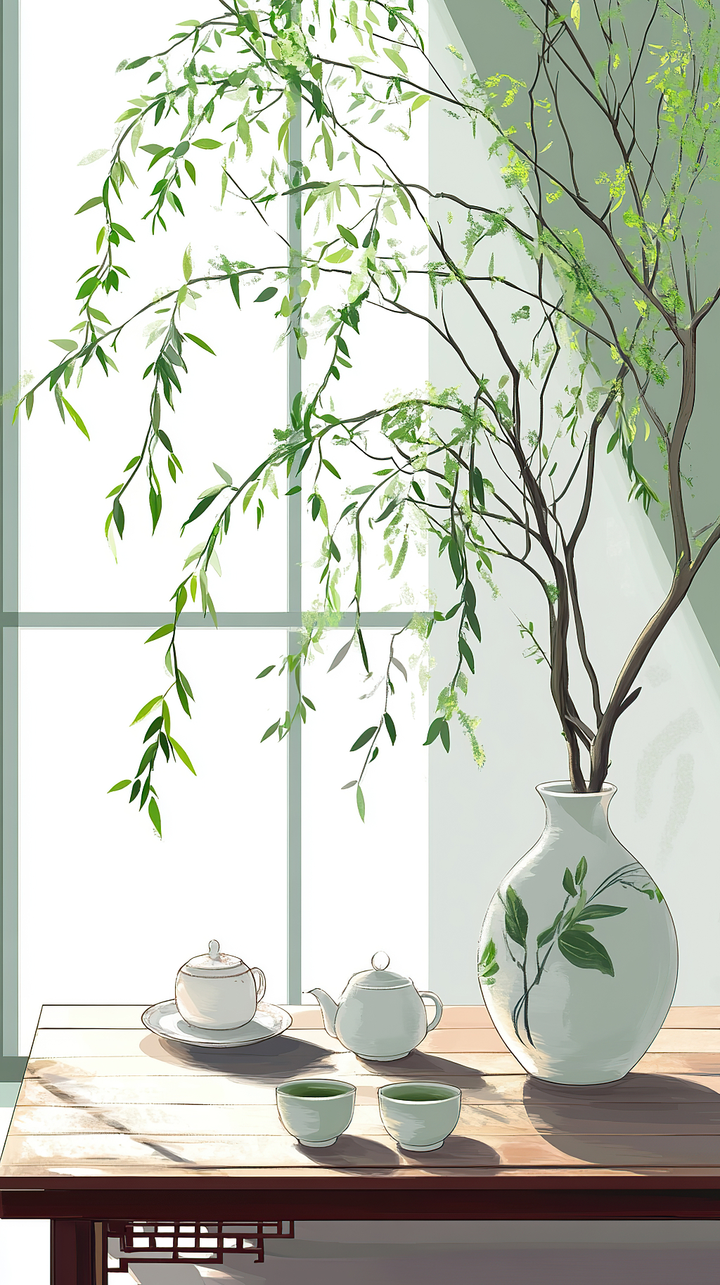 清明节窗前木桌的柳枝花瓶与淡雅茶具插画AI