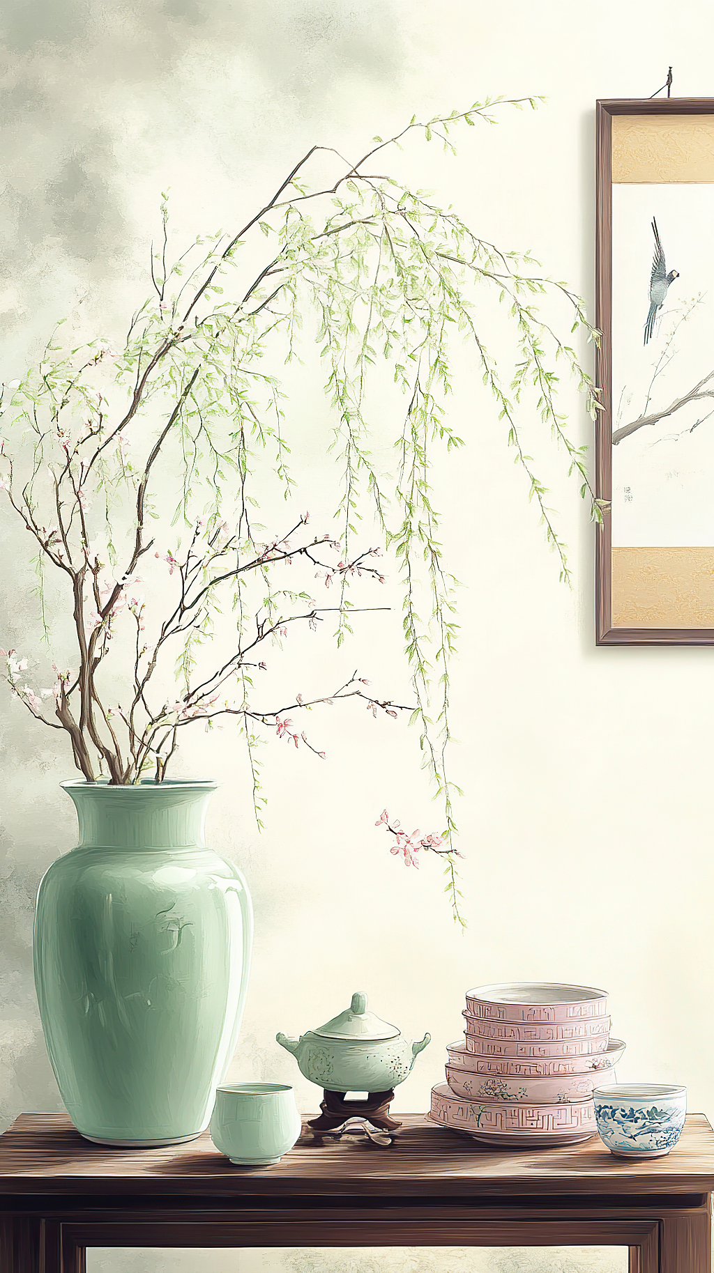 清明节墙边木桌上的柳枝花瓶和多彩茶具插画AI